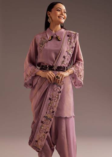 Lavender Zardosi Kurta With Embroidered Dupatta Belt