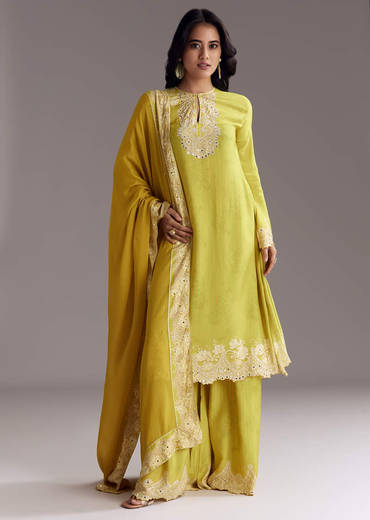 Lemon Green Printed Palazzo Set With Mirror Work