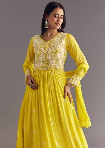 Lemon Yellow Chinon Anarkali With Moti And Sequins Embroidery