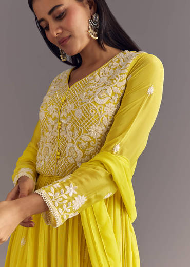 Lemon Yellow Chinon Anarkali With Moti And Sequins Embroidery