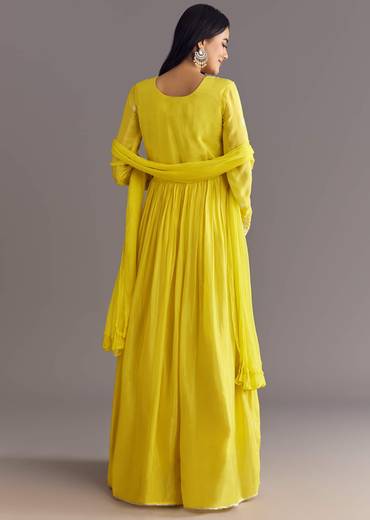 Lemon Yellow Chinon Anarkali With Moti And Sequins Embroidery