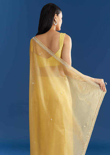 Lemon Yellow Organza Tissue Saree With Beaded Border