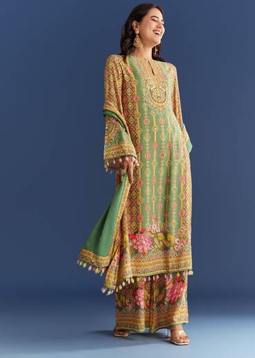 Light Aqua Green Cotton Muslin Kurta Dupatta With Printed Palazzo