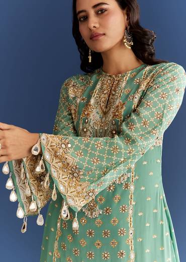 Light Aqua Green Crepe Printed Kurta Dhoti With Embroidery