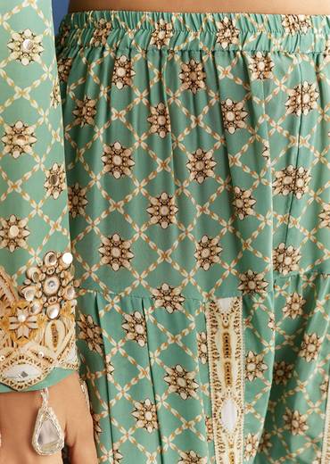 Light Aqua Green Crepe Printed Kurta Dhoti With Embroidery