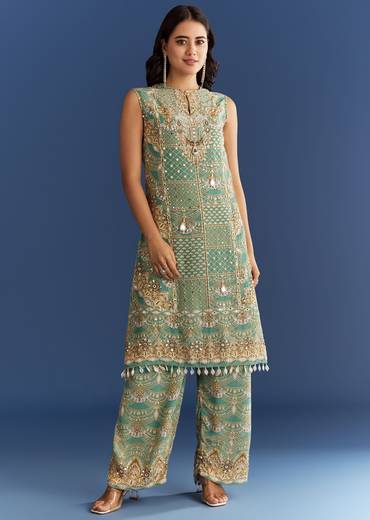 Light Aqua Green Crepe Printed Kurta Pant With Shell Tassels