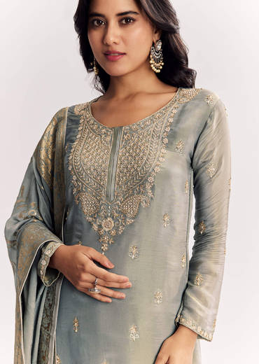 Light Aqua Green Tissue Kurta Sharara Suit With Cutdana And Moti Embroidery