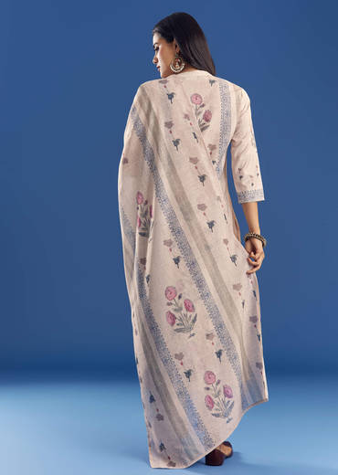 Light Beige Block Print Cotton Kurta Set With Mirror Work
