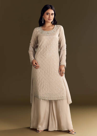 Light Beige Chinon Kurta Palazzo With Scallop Cutdana Dupatta