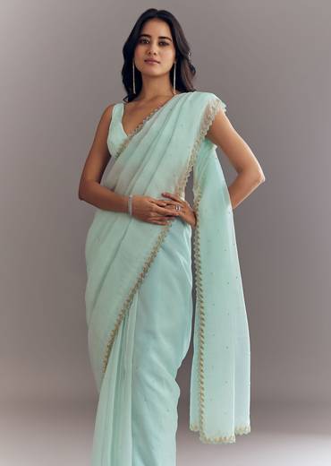 Light Blue Tissue Saree With Cutdana And Beads Embroidery And Cutwork Scallop Border
