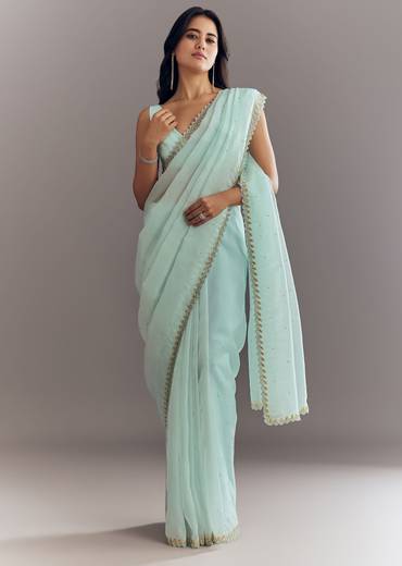 Light Blue Tissue Saree With Cutdana And Beads Embroidery And Cutwork Scallop Border
