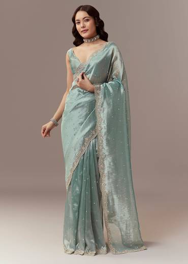Light Blue Tissue Silk Saree With Cutdana Beads And Sequin Embroidery