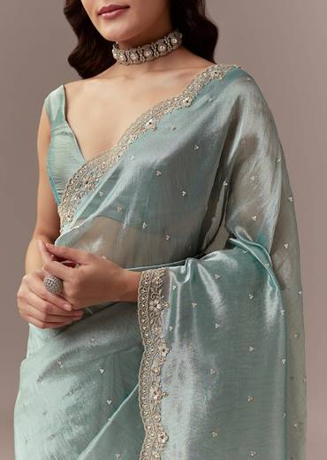 Light Blue Tissue Silk Saree With Cutdana Beads And Sequin Embroidery