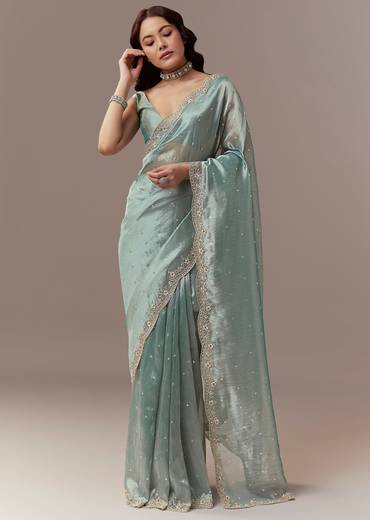 Light Blue Tissue Silk Saree With Cutdana Beads And Sequin Embroidery