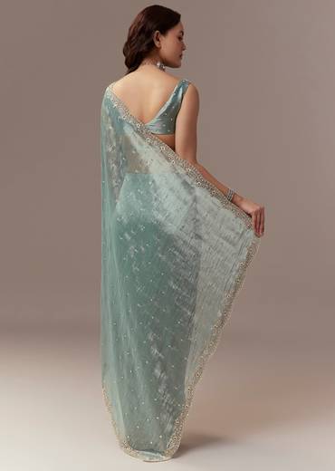 Light Blue Tissue Silk Saree With Cutdana Beads And Sequin Embroidery