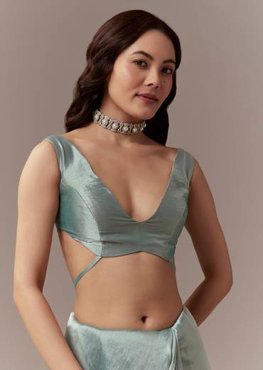 Light Blue Tissue Silk Saree With Cutdana Beads And Sequin Embroidery