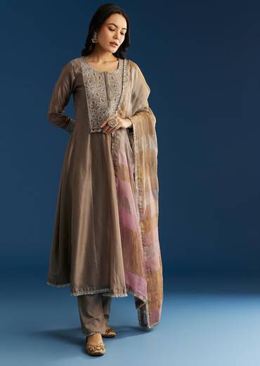 Light Brown Chanderi Anarkali With Gotta Lace And Crush Tissue Dupatta