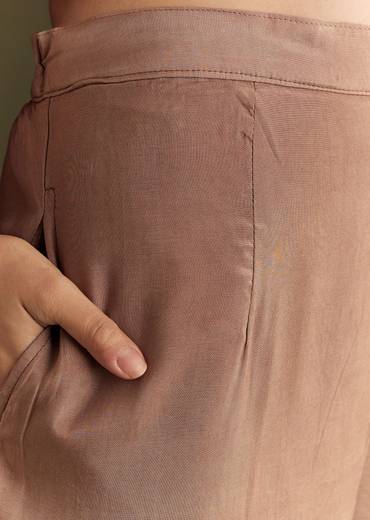 Light Brown Solid Kurta Pant Set With Orange Beaded Neckpiece