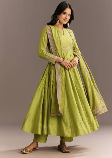 Light Green Chanderi Anarkali With Gotta Moti Neckline And Lace Dupatta