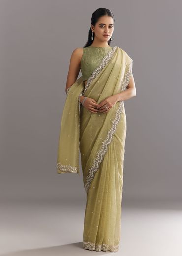 Light Green Glossy Crushed Tissue Saree With Cutdana Sequins Embroidery And Scallop Border