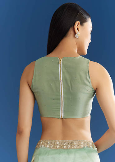 Light Green Organza Tissue Saree With Beaded Scallop Edge