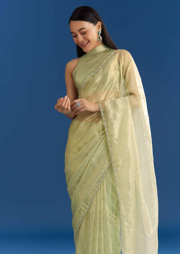 Light Green Organza Tissue Saree With Embroidered Scallop Border