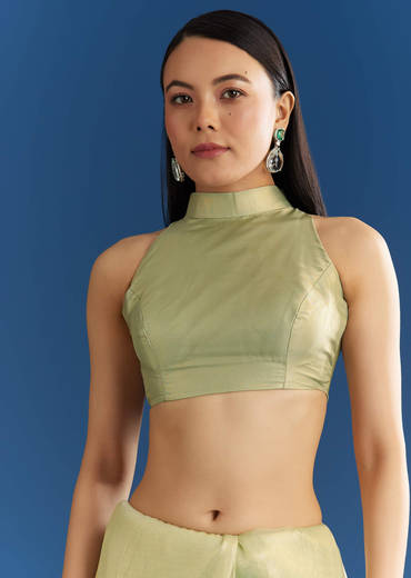 Light Green Organza Tissue Saree With Embroidered Scallop Border