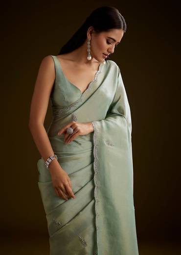 Light Green Tissue Saree With Cutdana Embroidery And Scallop Border