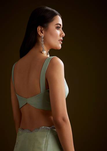 Light Green Tissue Saree With Cutdana Embroidery And Scallop Border