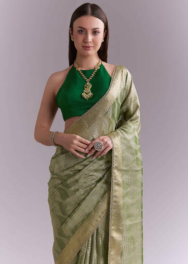 Light Green Tissue Saree With Subtle Weave And Zari Border