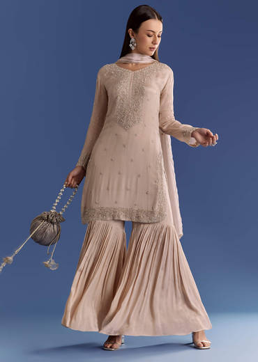 Light Grey Chinon Kurta Set With Moti And Cutdana Work
