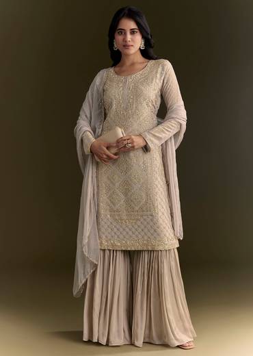 Light Grey Cutdana Zardosi Embroidered Kurta With Scallop Border Dupatta