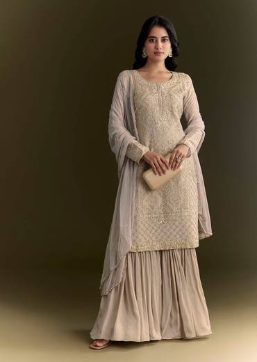 Light Grey Cutdana Zardosi Embroidered Kurta With Scallop Border Dupatta