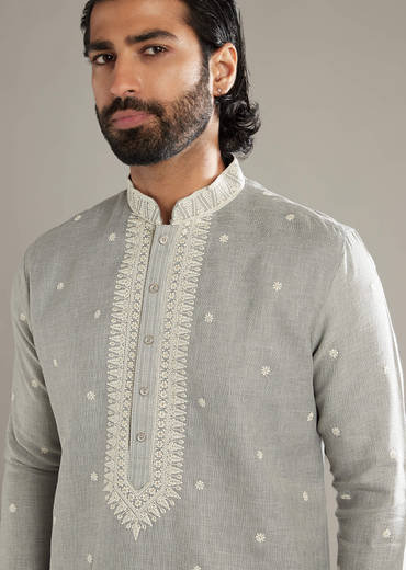 Light Grey Linen Kurta Set For Men With Resham Hand Work
