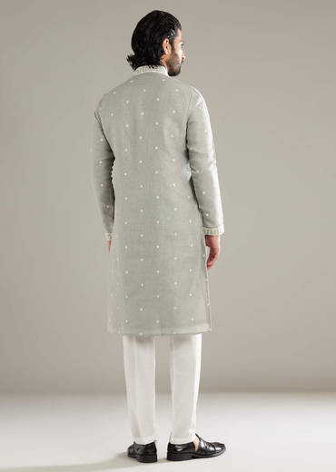 Light Grey Linen Kurta Set For Men With Resham Hand Work
