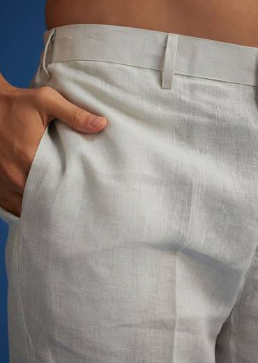 Light Grey Linen Kurta Set With Resham Work Jacket