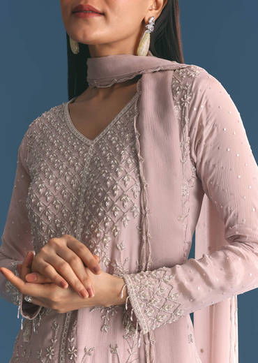 Light Lavender Chinon Kurta Palazzo Suit With Moti Cutdana Work