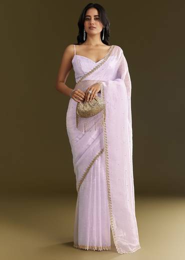 Light Lavender Tissue Saree With Cutdana Beads Embroidery And Scallop Border