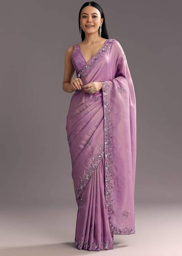 Light Lavender Tissue Saree With Floral Embroidered Scallop Border