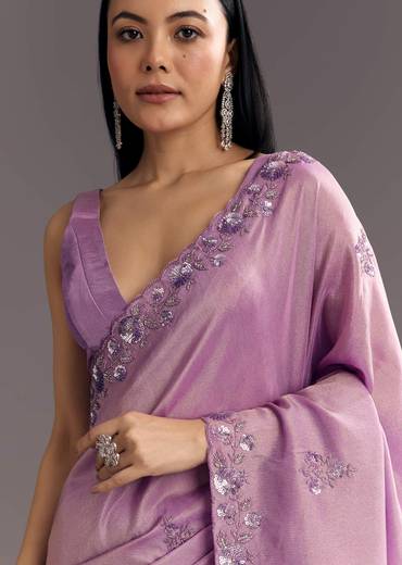 Light Lavender Tissue Saree With Floral Embroidered Scallop Border