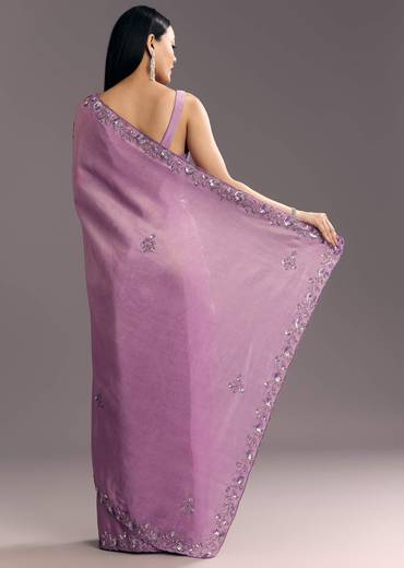 Light Lavender Tissue Saree With Floral Embroidered Scallop Border