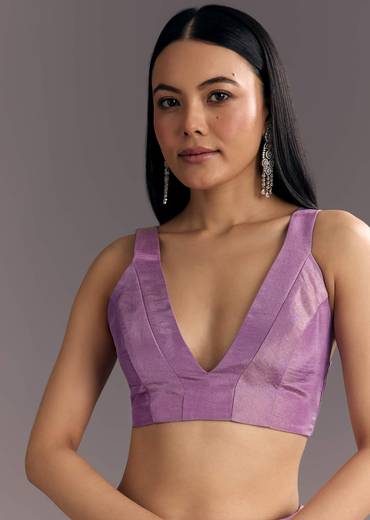 Light Lavender Tissue Saree With Floral Embroidered Scallop Border