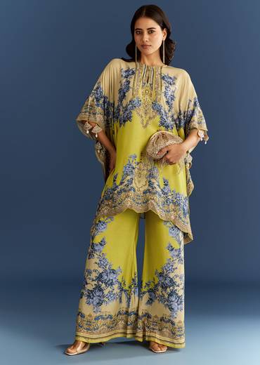 Light Lime Green Cotton Muslin Kaftaan With Floral Print Palazzo