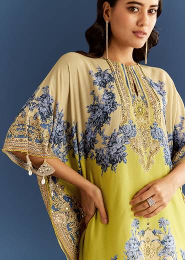 Light Lime Green Cotton Muslin Kaftaan With Floral Print Palazzo