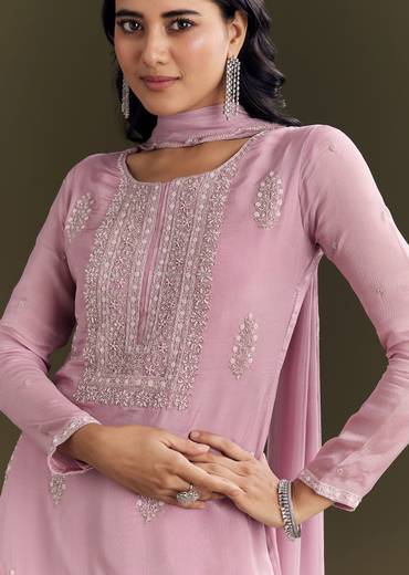 Light Onion Pink Chinon Kurta Sharara With Embellished Dupatta