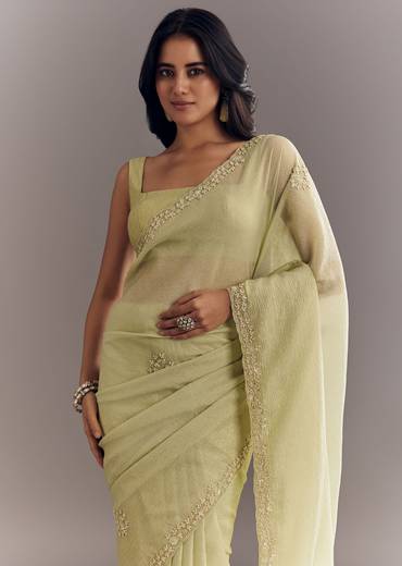 Light Pastel Green Crushed Tissue Saree With Cutdana Sequins And Beads Embroidery