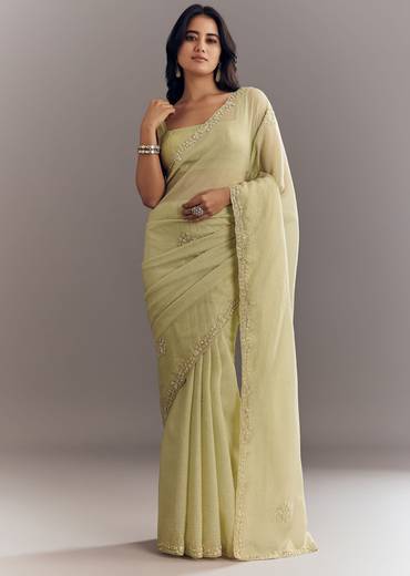 Light Pastel Green Crushed Tissue Saree With Cutdana Sequins And Beads Embroidery