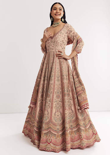Light Peach Printed Crepe Anarkali Suit With Embroidery