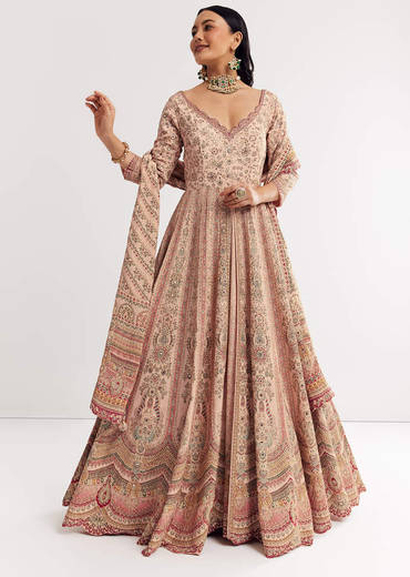 Light Peach Printed Crepe Anarkali Suit With Embroidery