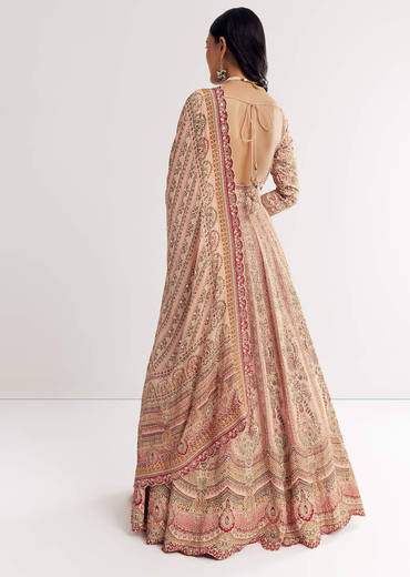 Light Peach Printed Crepe Anarkali Suit With Embroidery